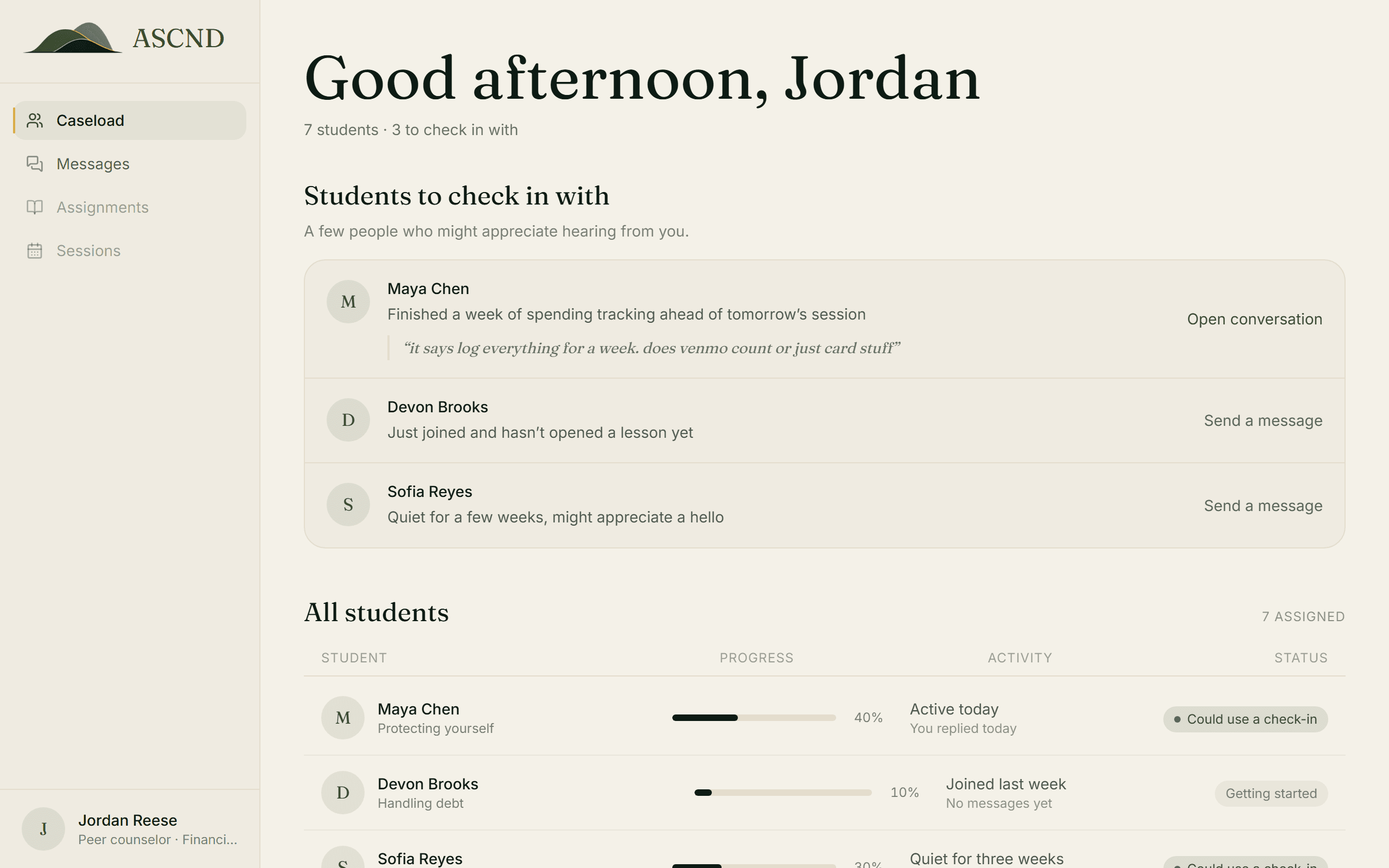 The ASCND Console dashboard showing a counselor caseload of fictional students, with progress and check-in status.
